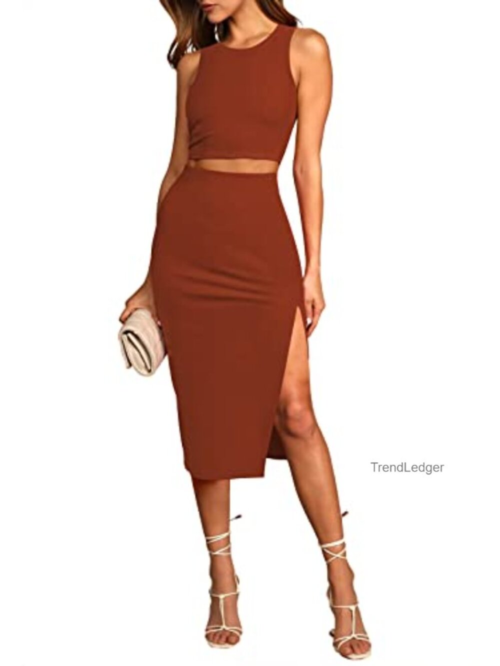 Women's 2 Piece Bodycon Midi Dress Set Sleeveless Crop Top High Waist Slit Skirt